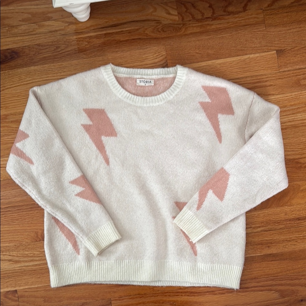 Storia Pink and Cream Lightning Bolt Crew Neck Sweater Size S